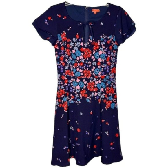 ModCloth Fit/Flare Floral Dress w/Keyhole Front and Tie - Navy - M - Picture 1 of 12